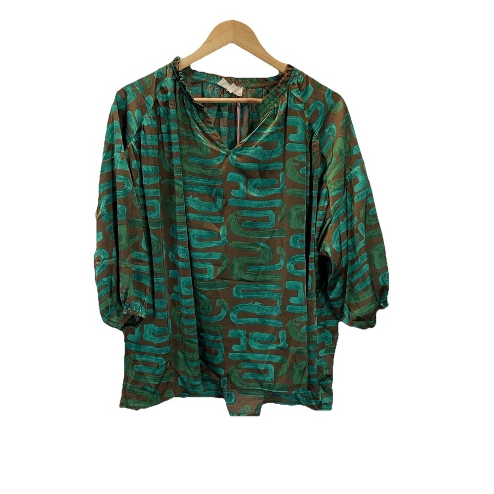 New Entro Abstract Green Brown 3/4 Balloon‎ Sleeve Art to Wear Size S Silky Airy